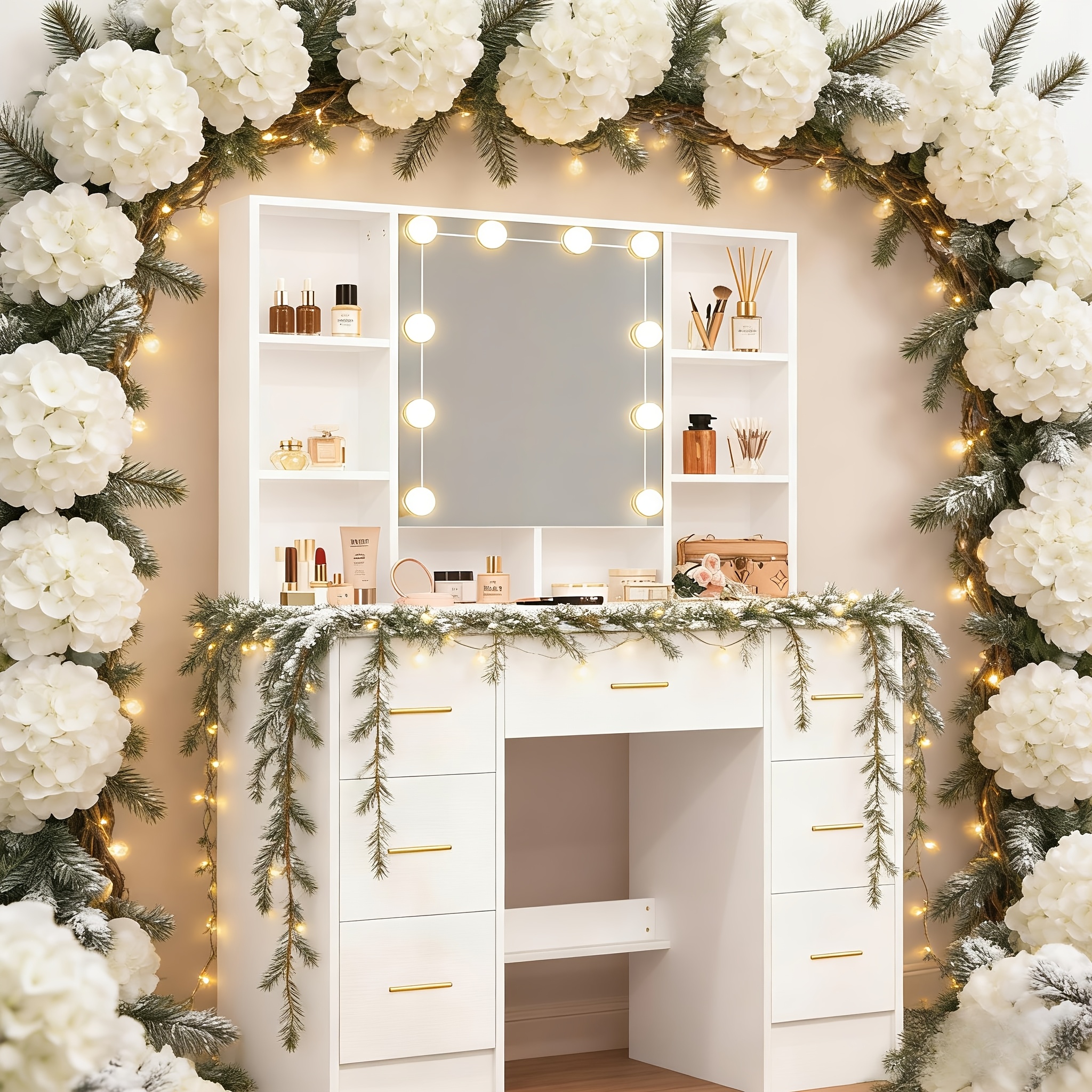 Makeup Vanity with Sliding Mirror and LED Lighting, 3 Modes
