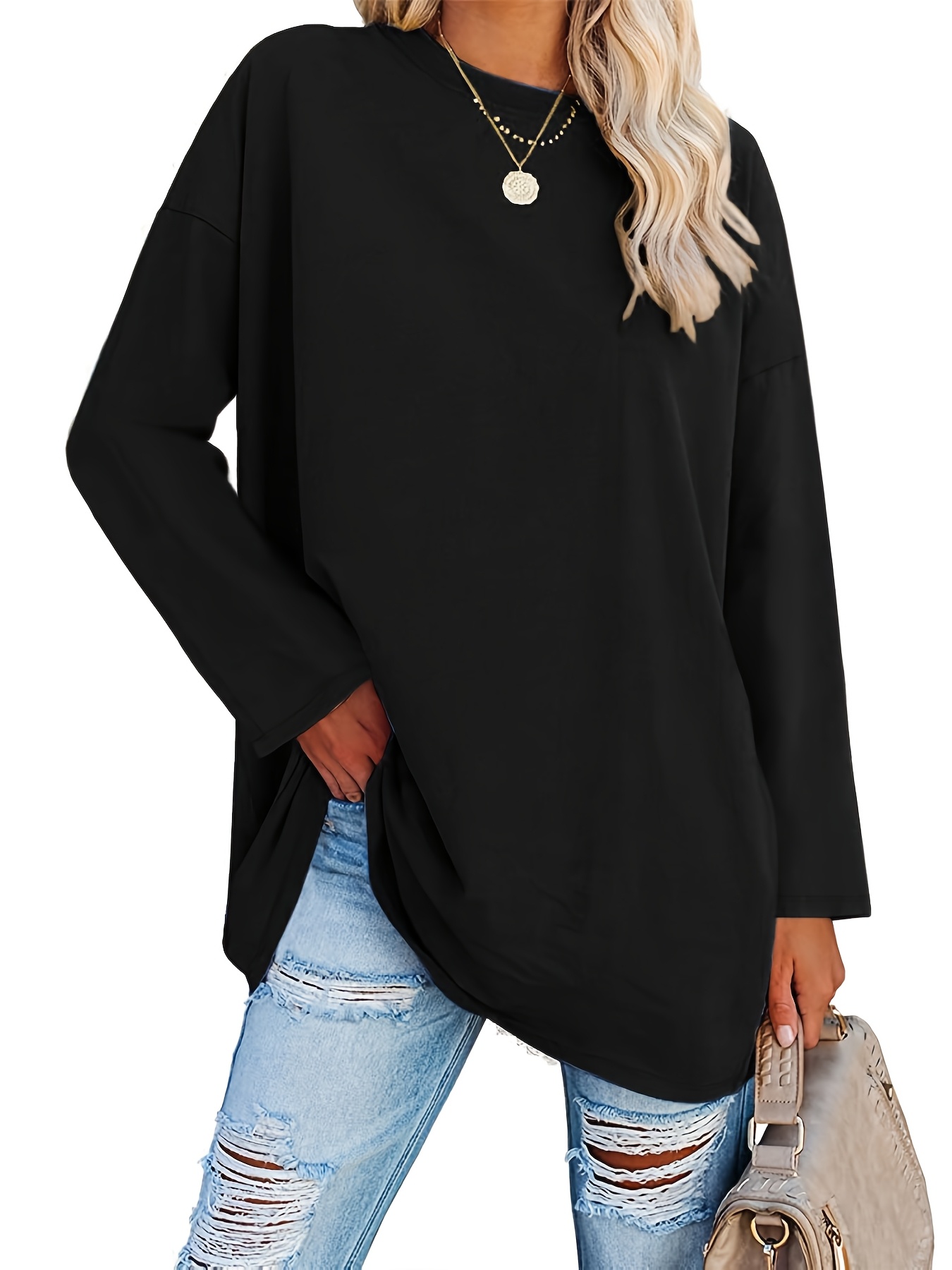 Moterys ilga marškinėlė, oversize, ilgi rankoviai, apykaklė/T-Shirt/Puloveris/Pradinė tunika