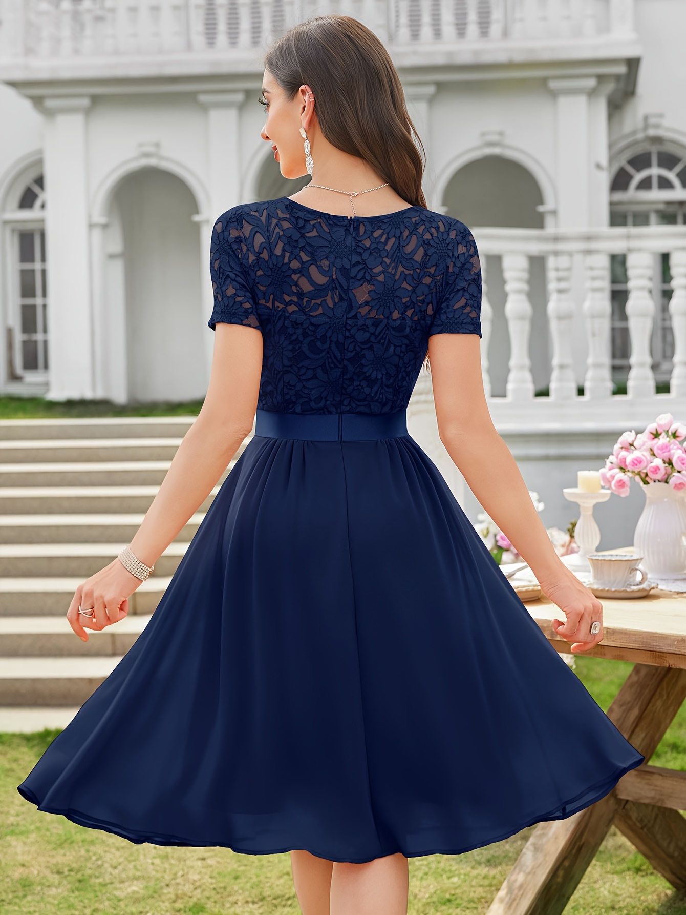 Women's Elegant Lace V-Neck Short Sleeve Chiffon A-Line Wedding Party Short  Dress