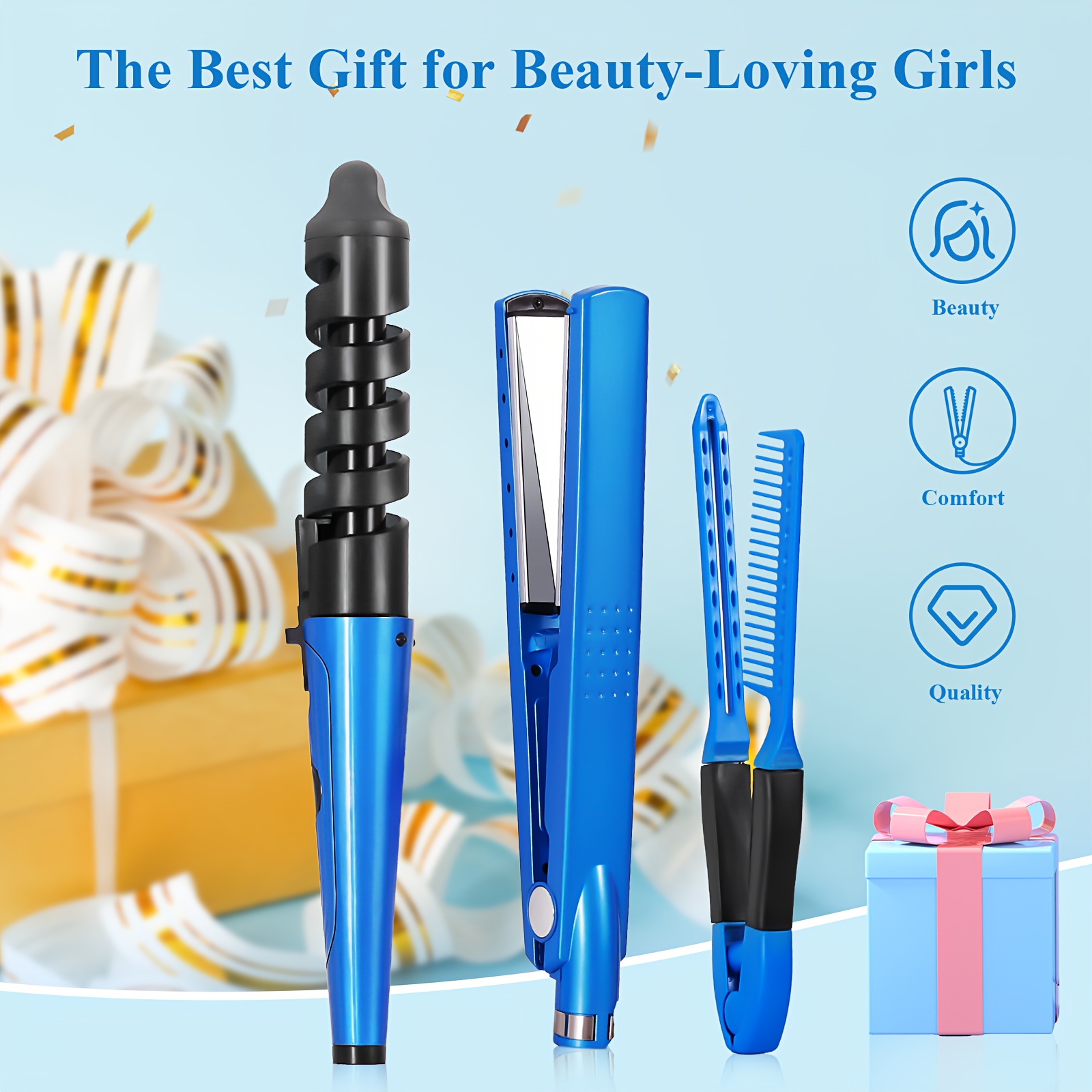 

3pcs Blue Hair Styling Kit - Ceramic Straightener, , Curling Wand & V-brush, 110v, Ideal For Salon & Home Use, Perfect Gift For Beauty Enthusiasts, Hair | Tools| Hair Accessories, Hair Styling Tools