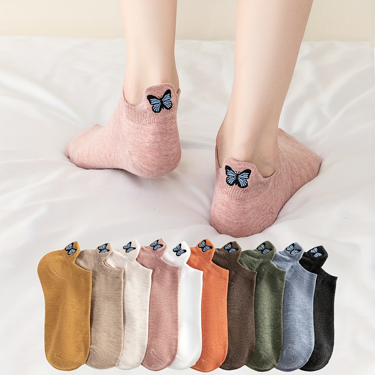 

10 Pairs Butterfly Embroidery Socks, Casual & Breathable No Show Socks, Women's Stockings & Hosiery