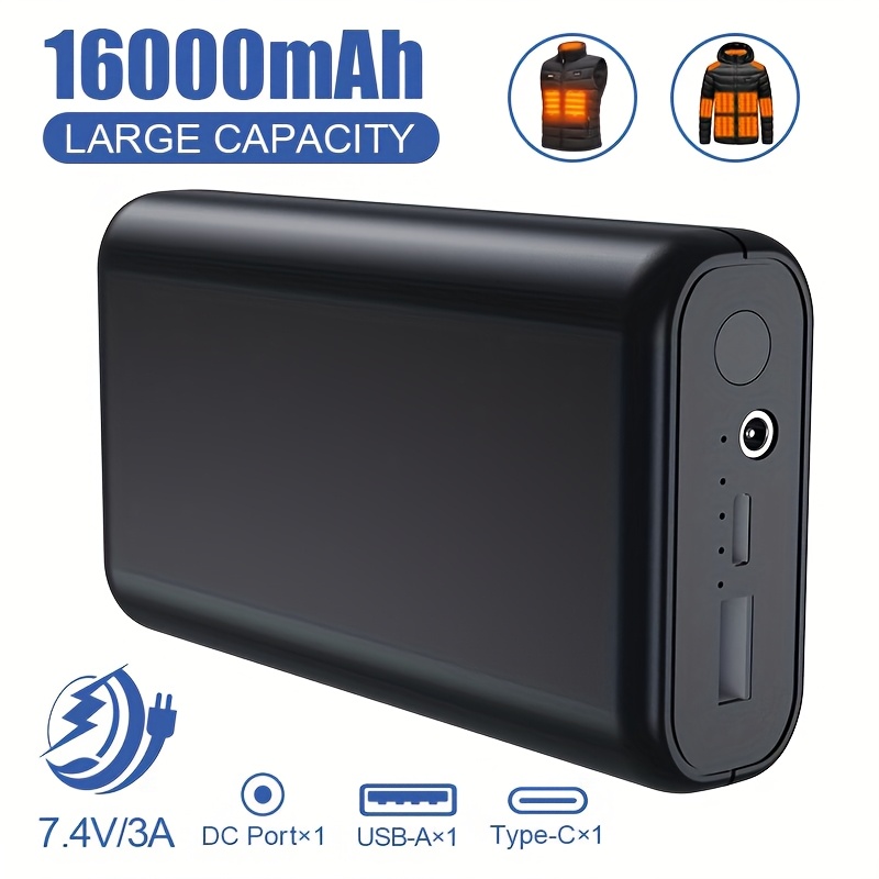 TEMU Batterie Portative 16000mAh pour 5V/7.4V, Chargeur pour Vestes Chauffantes, Sweats à Capuche, Pantalons Chauffants et Housses de Siège, Prise
