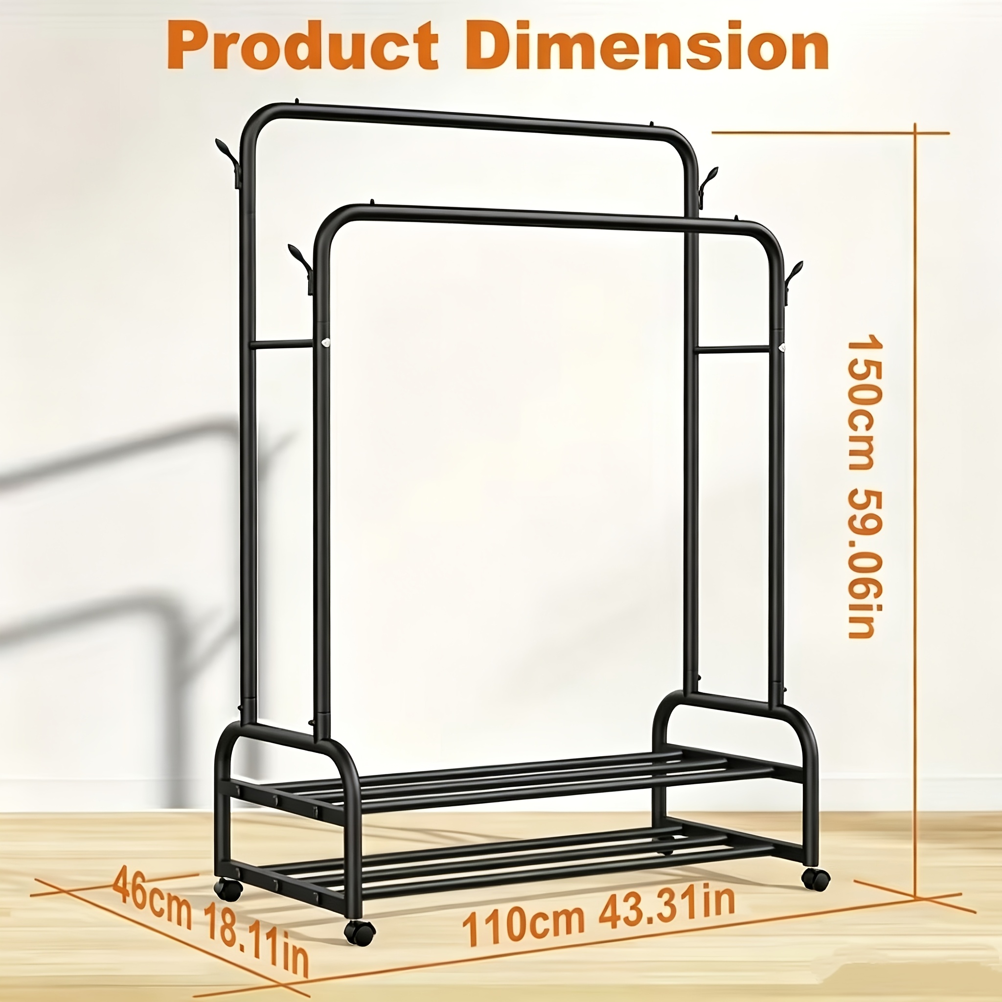 Durable Metal Hanger With Double Poles And Wheels, Equipped With Shelves And Hooks, A Multifunctional Wardrobe Solution Suitable For Independent Metal Hangers In Bedrooms, Laundry Rooms, And Living Rooms.