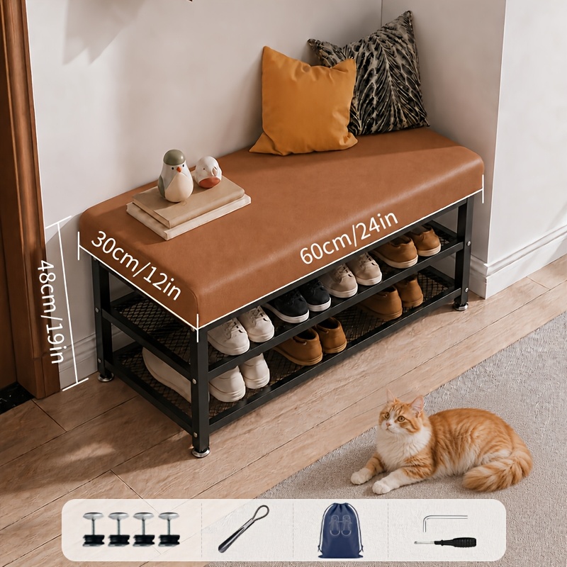 TEMU 47.24/39.37//23.62inch Cushioned Shoe Storage Stool, Modern Entryway Shoe Changing Bench, Double-layer Shoe Sorting Organizer, Sturdy Metal