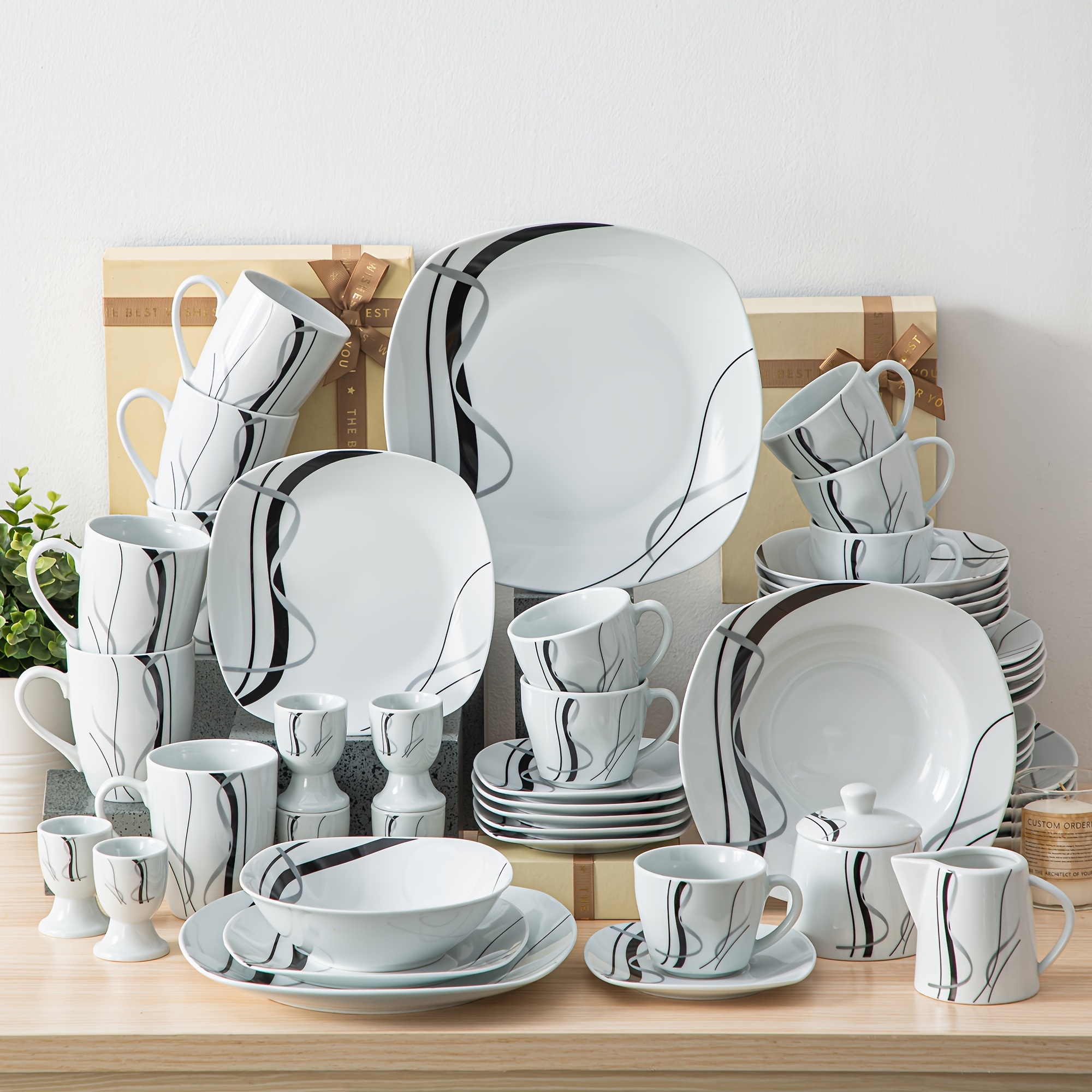 TEMU Juego de vajilla de porcelana de 50 piezas que 6 tazas para huevos, 6 juegos de y , 6 tazas, 6 platos de postre, 6 platos de sopa, 6 tazones, 6