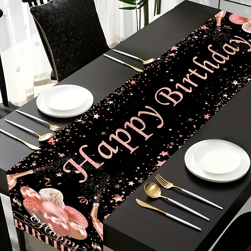 

1pc Table Runner, Black And Pink Glitter Balloons & Champagne Print, Woven Polyester, Rectangular Party Decoration For Wedding, Banquet, Home Dinner, Garden Events