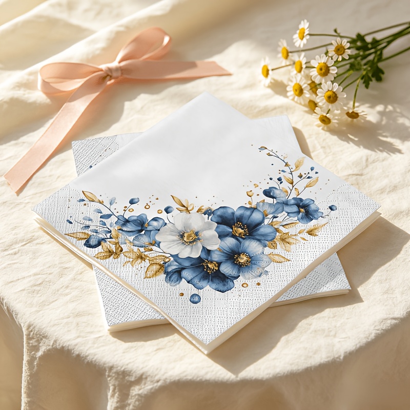 TEMU 20pcs Napkins Suitable For Wedding Banquets, Restaurants & Parties - Double-layer Thickened Paper With Blue & Watercolor Floral Print, Embossed