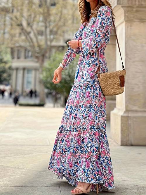 paisley print v neck maxi dress boho long sleeve dress for womens clothing
