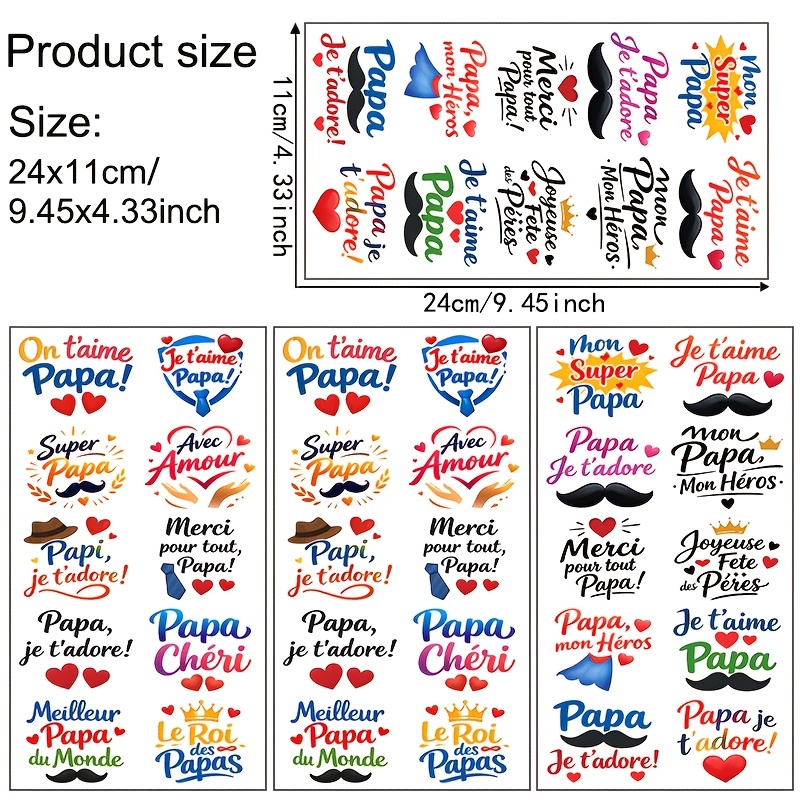 TEMU Lot de 4 pour des pères française "Papa, t'" "" avec motif de cœur et barbe, transfert vinyle UV DTF adapté aux tasses, gobelets en verre de 16