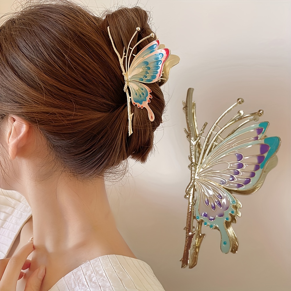 

Elegant Chinese Style Colored Butterfly Hair Clasp, Y2k Vintage Large Hair Claw Clip, Fashionable Headwear Barrette Accessories For Women And Daily Use