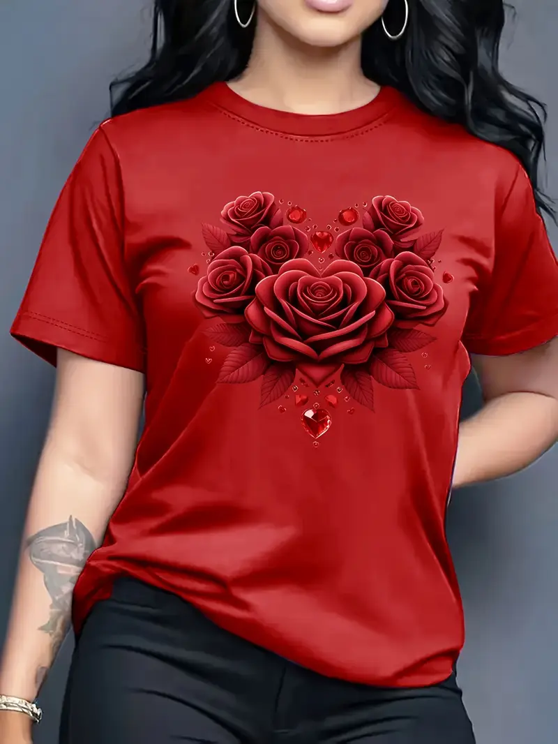 Red Women'S Casual Crew Neck T-Shirt