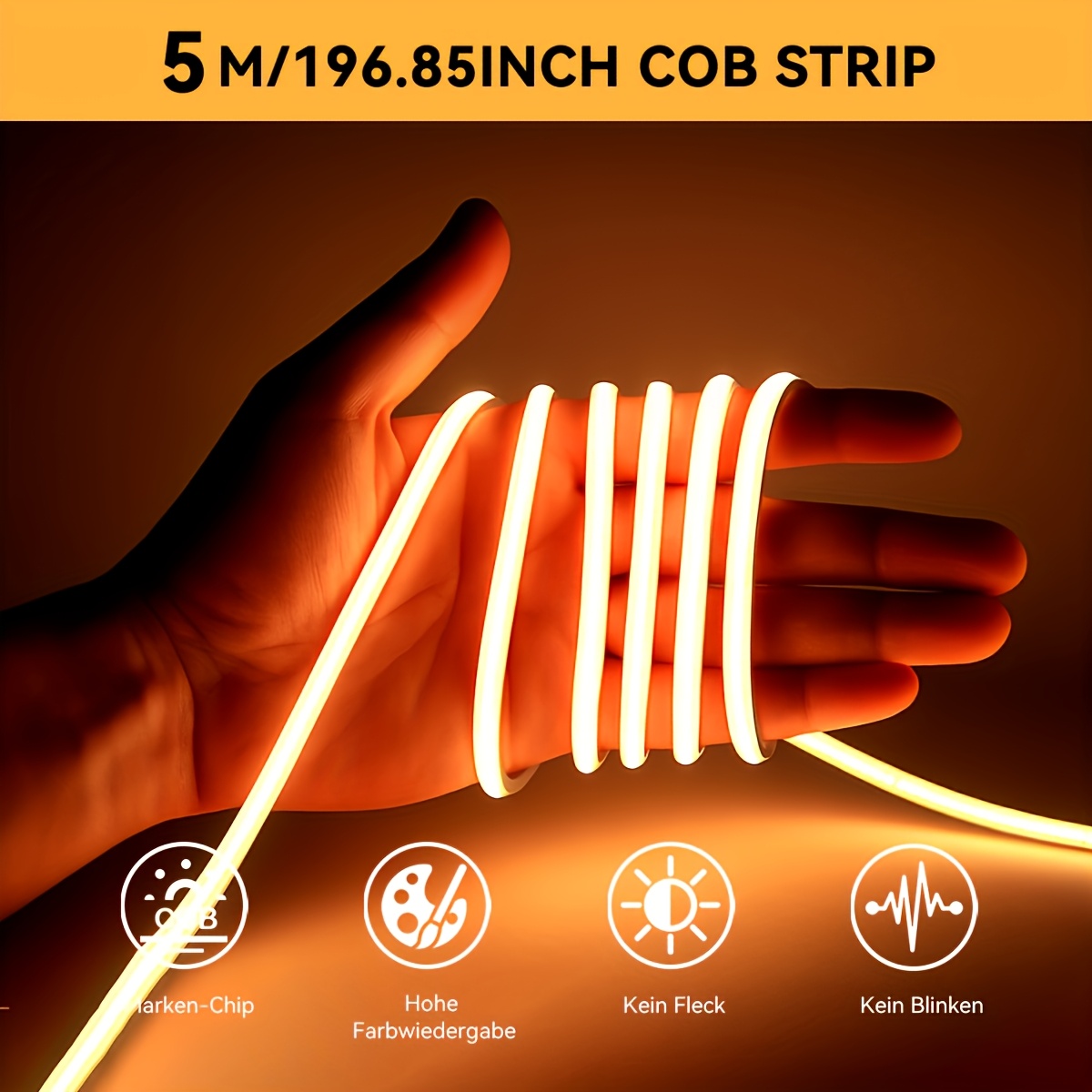 Tira de luces LED COB delgada HOTU | Cinta de luz flexible y cortable adhesiva alimentada por USB con 400 LEDs/M, luz diurna y blanco cálido (3000-6500K), diseño sin puntos para dormitorio, oficina - Imagen 2