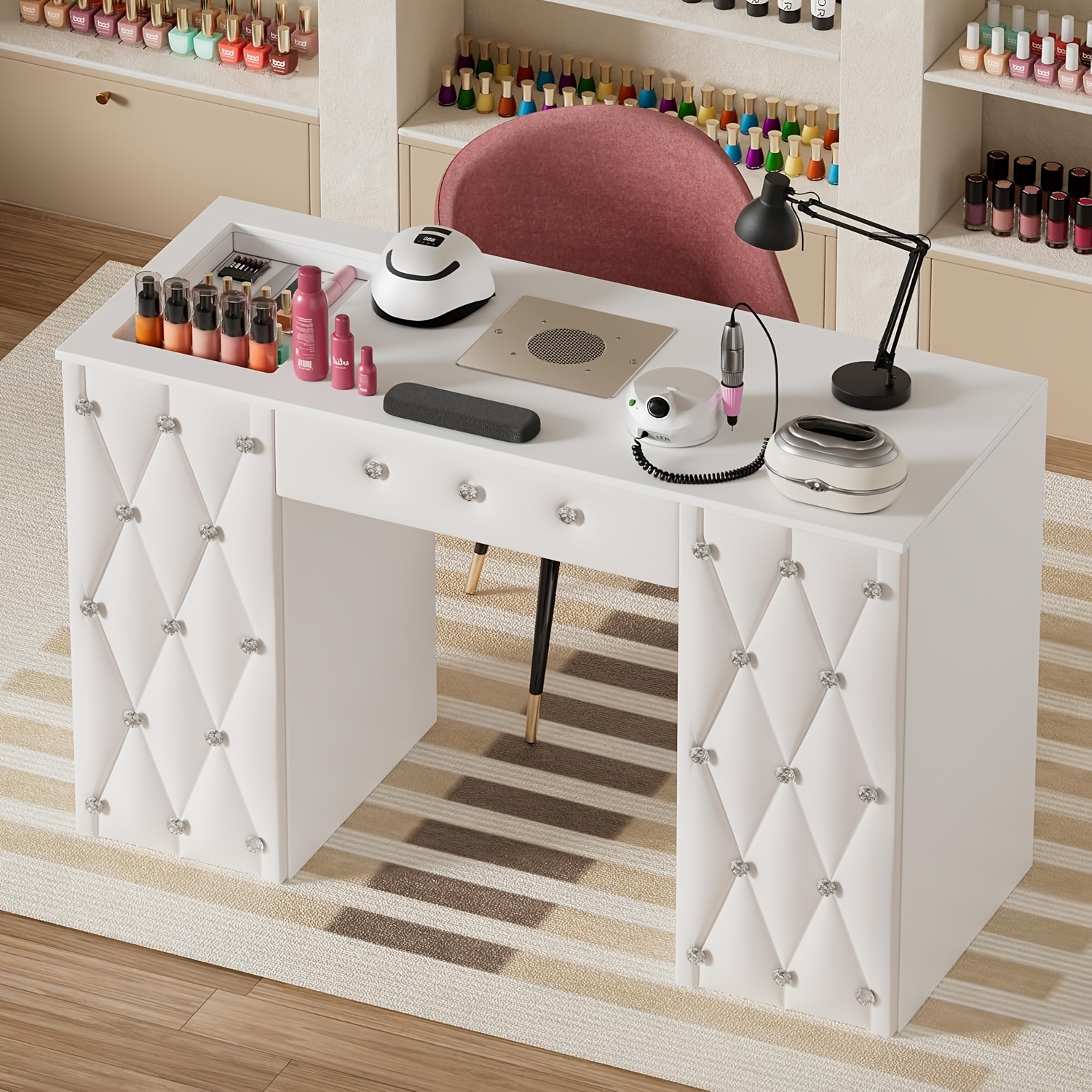 Modern White Nail Salon Workstation Desk With Storage Cabinets, Open Shelves & Drawers - Wood -standing Table Suitable For Beauty Salons, Nail , Nail Services, Space- For Nail Technicians