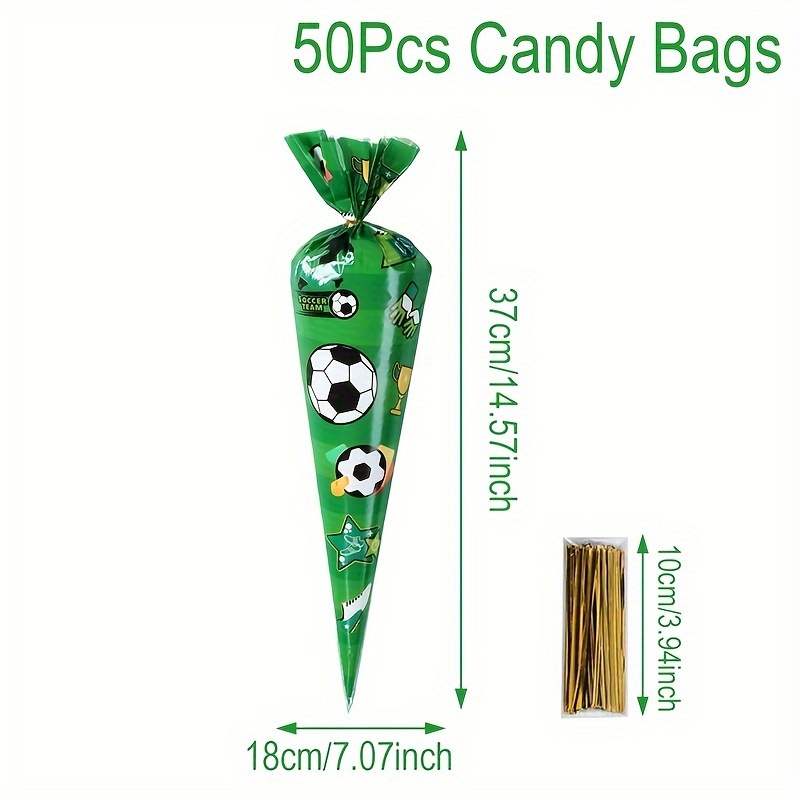 Image of 50pcs, Green Football Triangle Gift Bags (with ), 37 X 18cm, Football Sports Theme Gift Packaging Bags, Happy Birthday Party Decoration, Baby Shower Party Supplies, Event Party Packaging Bags