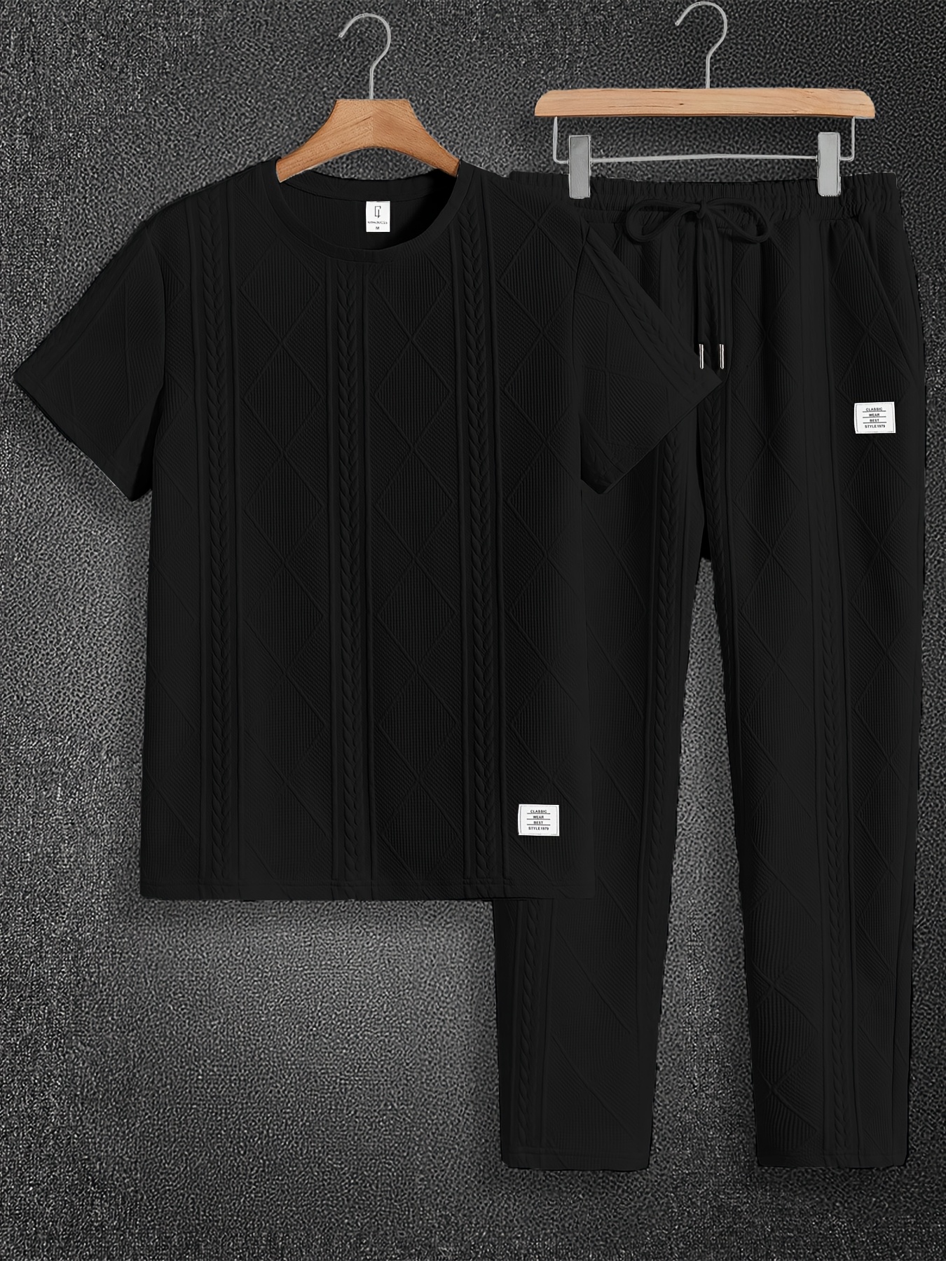 Men'S Suit Round Neck Car Knit Label Tassel Texture Short Sleeve Top Drawstring Slant Pocket Long Pants Casual Two-Piece Set