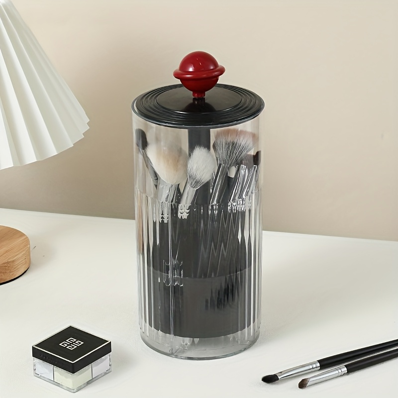 automatic raising makeup brush organizer with lid transparent waterproof dustproof storage holder for vanity bathroom   hair clogging random color makeup storage solution modern aesthetic organizer durable plastic material makeup organizer storage vanity organizer Product details 0