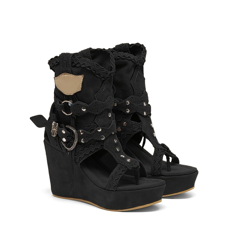 Image of Women's Boho Grey Studded Fringe Wedge Heel Boots, Platform Knee High Western Cowgirl Sandals, Party Shoes, Women Shoes