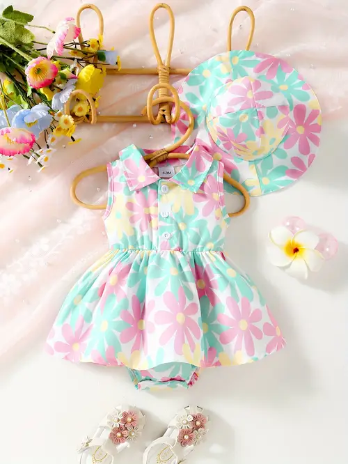 2 pieces of baby girl summer new floral full print lapel cardigan sleeveless jumpsuit beach sun hat set