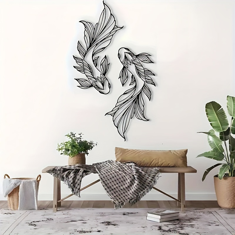 

2pcs Koi Metal Wall Art Fish School Home Interior Wall Decoration Feng Shui Home Design Minimalist Line Art Living Room Metal Wall Art Decoration