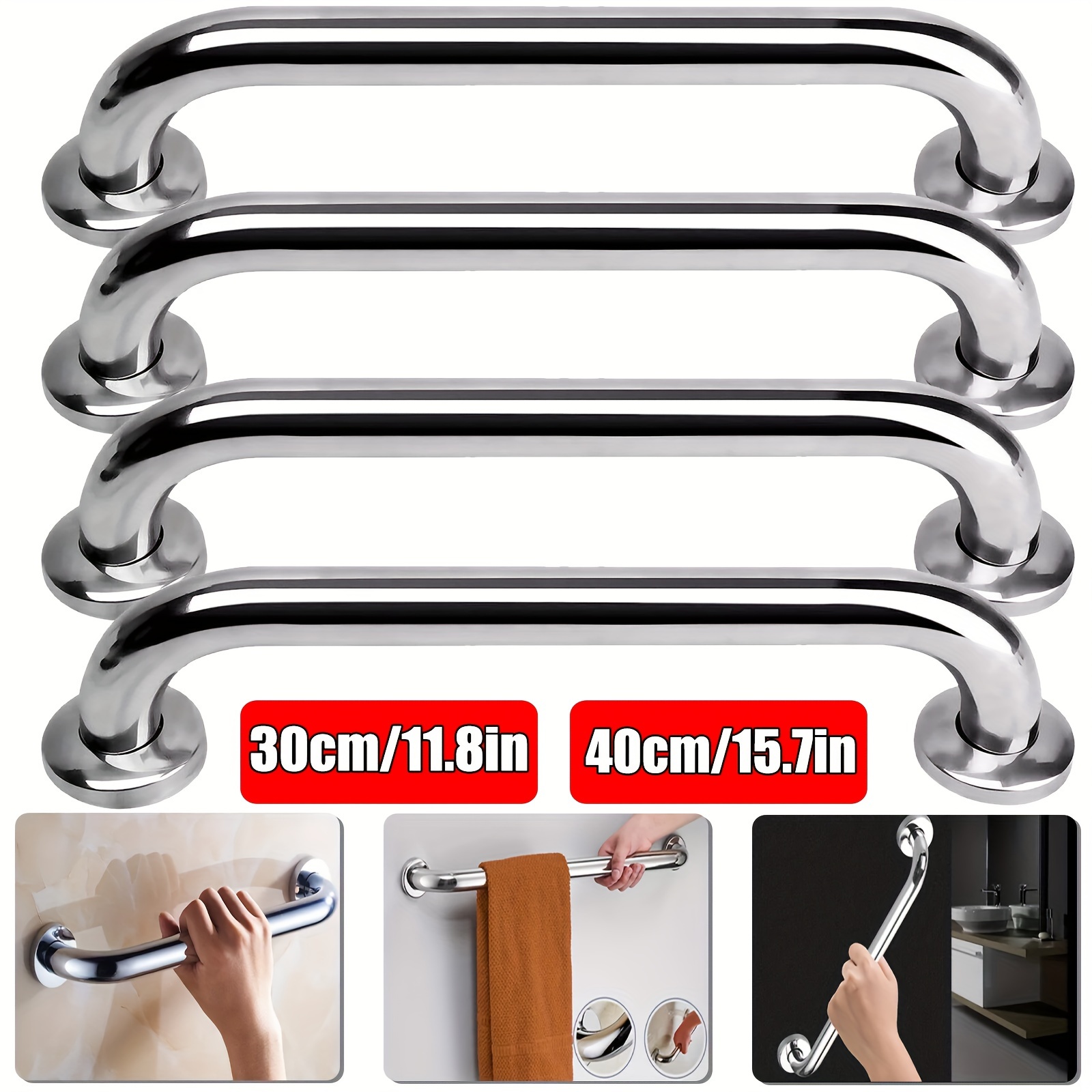 

4pcs Stainless Steel Grab Bars - 11.8" Heavy Duty Safety Handles For Shower & Bathtub, , Supports Up To 200lbs - Ideal For Elderly, Disabled, Pregnant Women