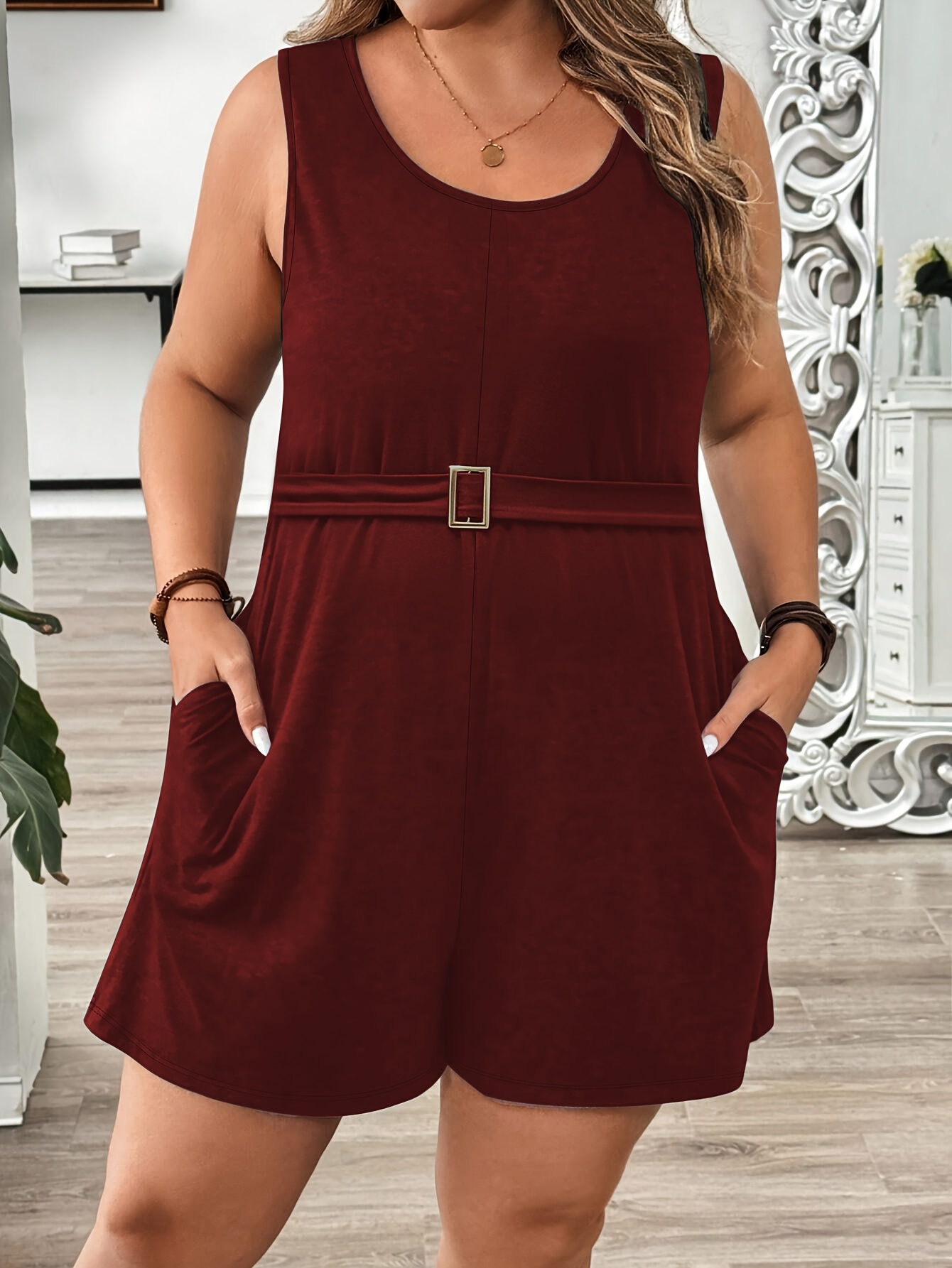 Color: Burgundy Women'S Plus Size Solid Color with Metal Belt Decoration, Sporty, Easy, Everyday Solid Color Jumpsuit, Casual, Comfortable And Cool, Sporty Casual Women'S Clothing