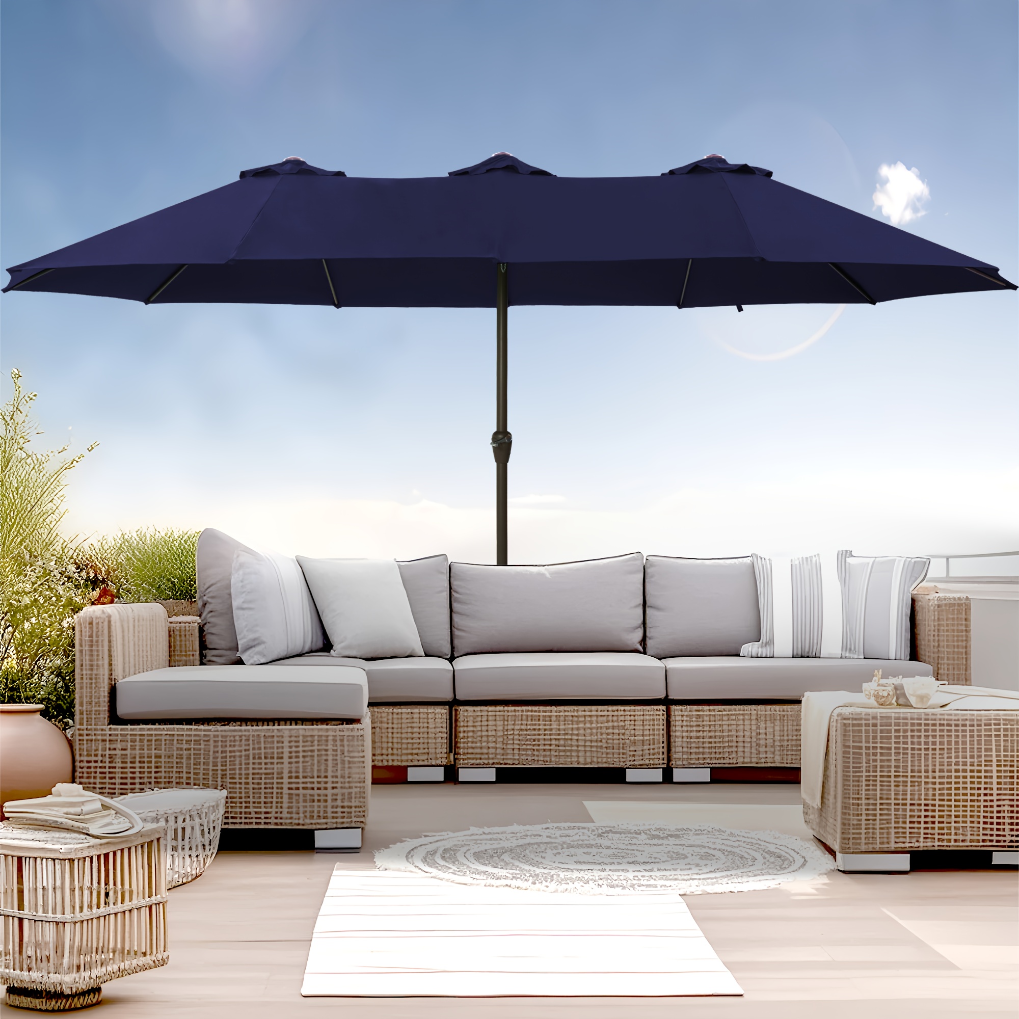 15-foot Long Rectangular Large Outdoor Patio Umbrella, Includes Base, Double Table Umbrella With A Crank Handle, Market Umbrella - UV Resistant, Heavy-duty Pool Umbrella, Suitable For Lawns, Backyards, And Gardens.