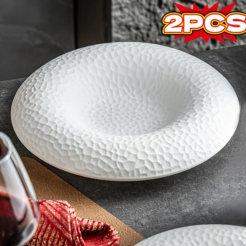 2 Elegant Black and White Ceramic Plates - Premium Tableware with Creative Hammered Design, Perfect for Western Cuisine Desserts Salads Home & Restaurants Artistic Straw Hat Style