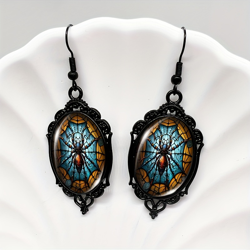 TEMU 1 Pair Spooky Halloween Spider Black Lace Dangle Earrings Glass Dome Hook Earrings For