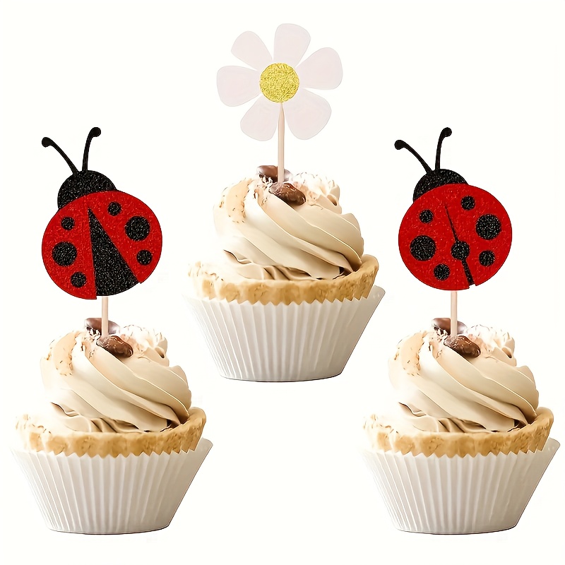 Image of 12pcs Ladybug Cupcake Toppers With Glitter Flowers & Insect Picks Garden Theme Cake Decorations For Birthdays, Bridal Showers