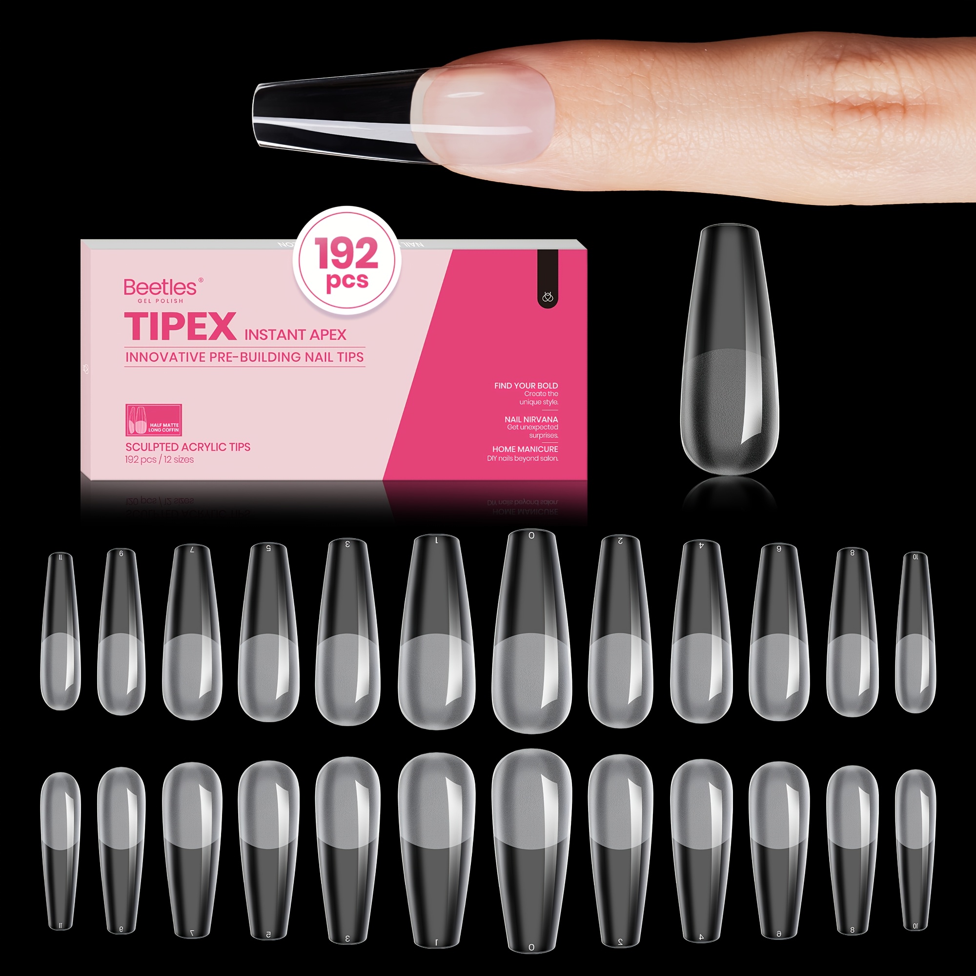 E-shop Beetles 3D-Nagelspitzen, 192 Stück vorgeformte, vorätzte Gel-Spitzennägel Lang Coffin Dicke Acrylnails Vollabdeckung Falsche Nagelerweiterungen