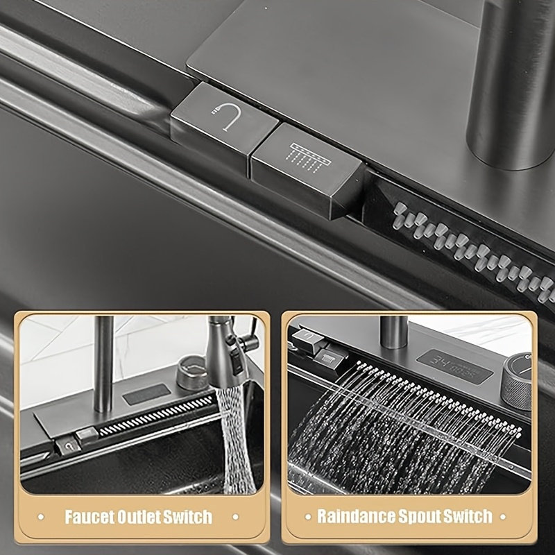premium stainless steel sink large single bowl with waterfall reinforced including faucet nano protective honeycomb coating 304 stainless steel dish basin set outer diameter 75x45cm inner diameter 70x35cm modern kitchen dishwasher stainless kitchen sink sink smart kitchen sink complete multifunction kitchen sink Product details 8