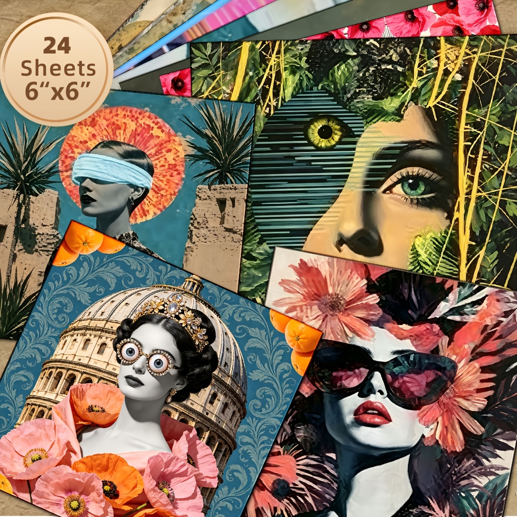 TEMU 24 Feuilles d'Autocollants 6x6 Pouces Filles Surréalistes Monoculaires Fantaisie Portraits Surréalistes | Palette de Blocs de Couleurs Vintage