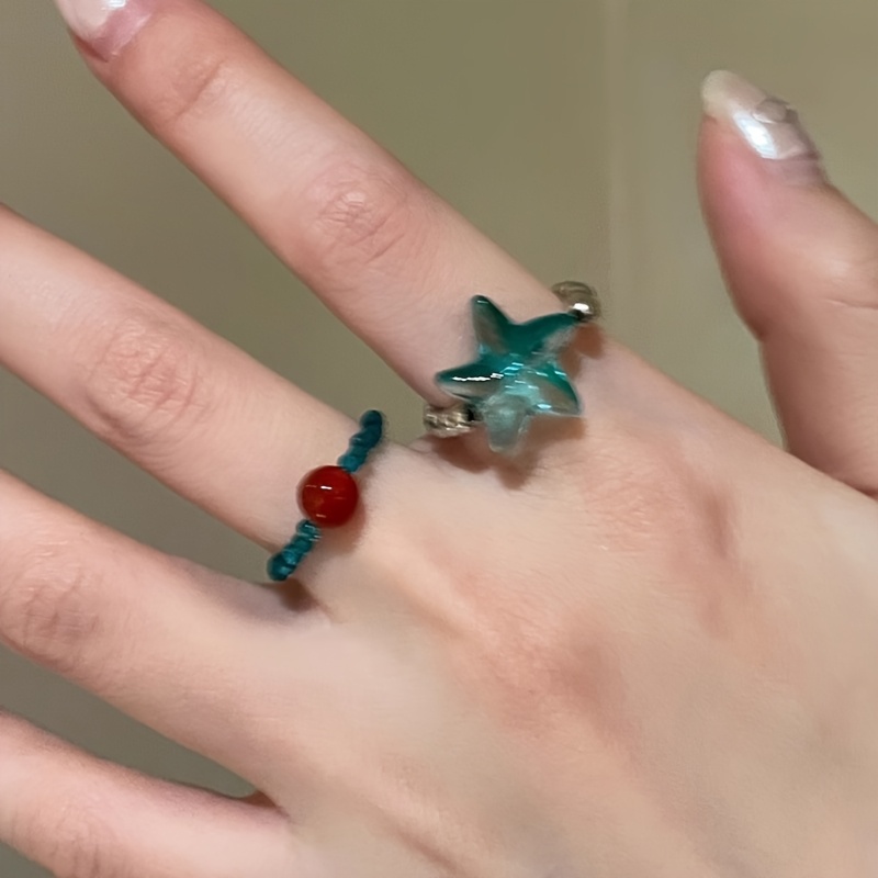 Adjustable Boho Starfish Ring with Green Beads