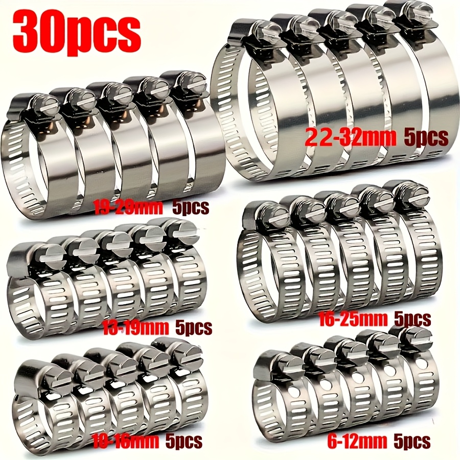 30pcs Stainless Steel Adjustable Hose Clamp Set, Suitable For 1/4" To 1-1/8" T- (6-32mm) Spiral Tooth Hose Clamps, Metal Round Sleeve Hose Additions, Ideal For Pipes, Cars, Intercoolers, Etc