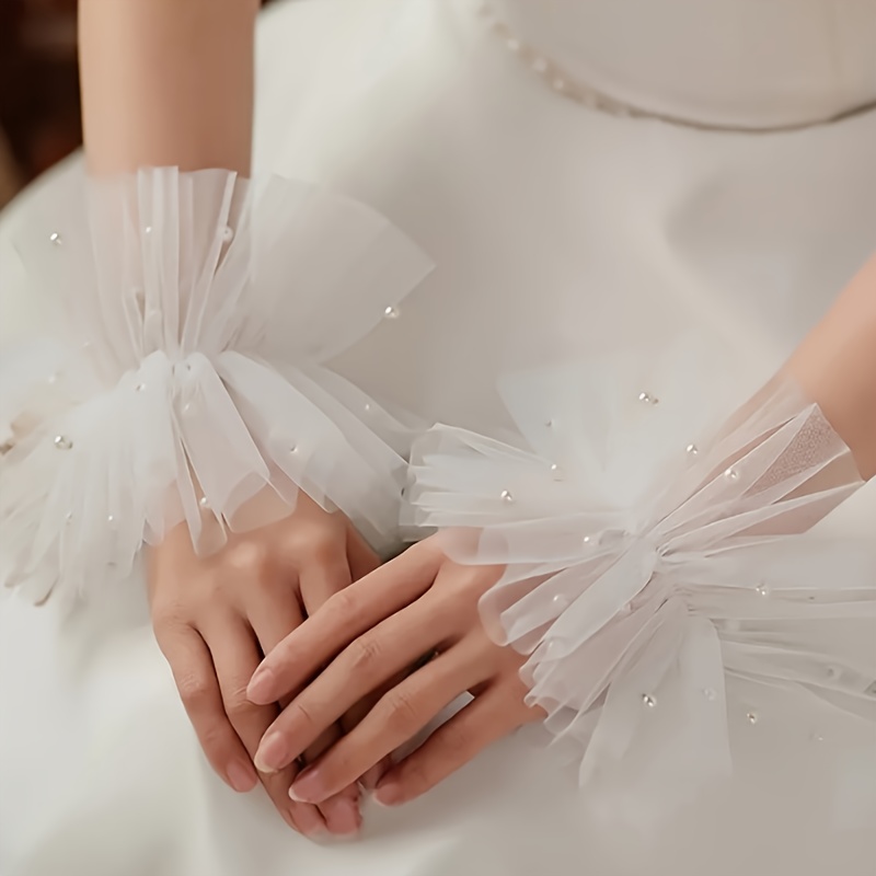 [Popular Choice] Elegant White Mesh Beaded Elastic Bridal Wrist Cuffs, Fashionable Wedding Sleeve Decorations - Polyester, Fashionable Style details 5