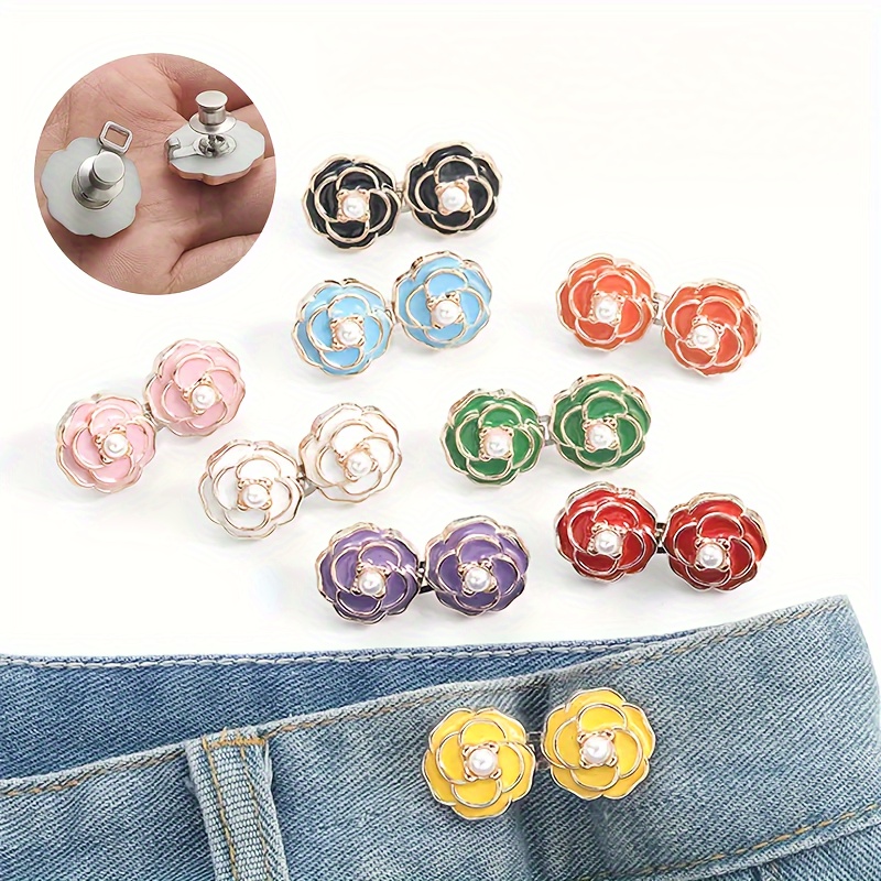 

2 Pairs Camellia Flower Adjustable Waist Buckle - No-sew, Removable Jean Button For Easy Waist Reduction