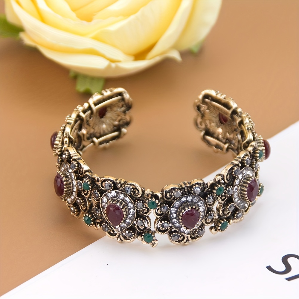 TEMU 1pc Exquisite Vintage Turkish Women's Bracelet, Design For Wrist Under 17cm & Diameter Below 5.4cm, Metal Arabic Pattern With Rhinestone Inlay,