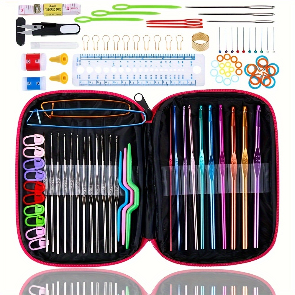 TEMU Ensemble de 100 crochets, ensemble complet d'aiguilles à tricoter, crochet, jauge de , ciseaux, porte-, kit d'aiguilles à coudre avec sac