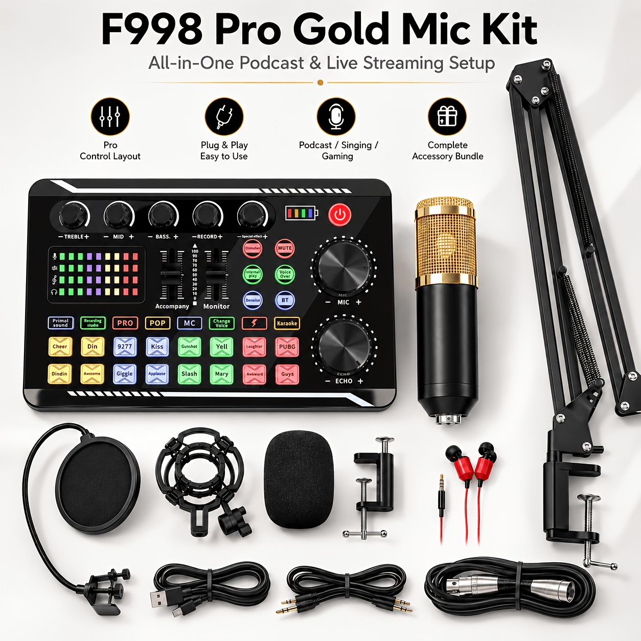 TEMU Bm-800 Podcast Kit With Live Sound Card, -one Streaming & Recording Set For Phone/pc, Voice Changer, , Monitoring & Boom Arm