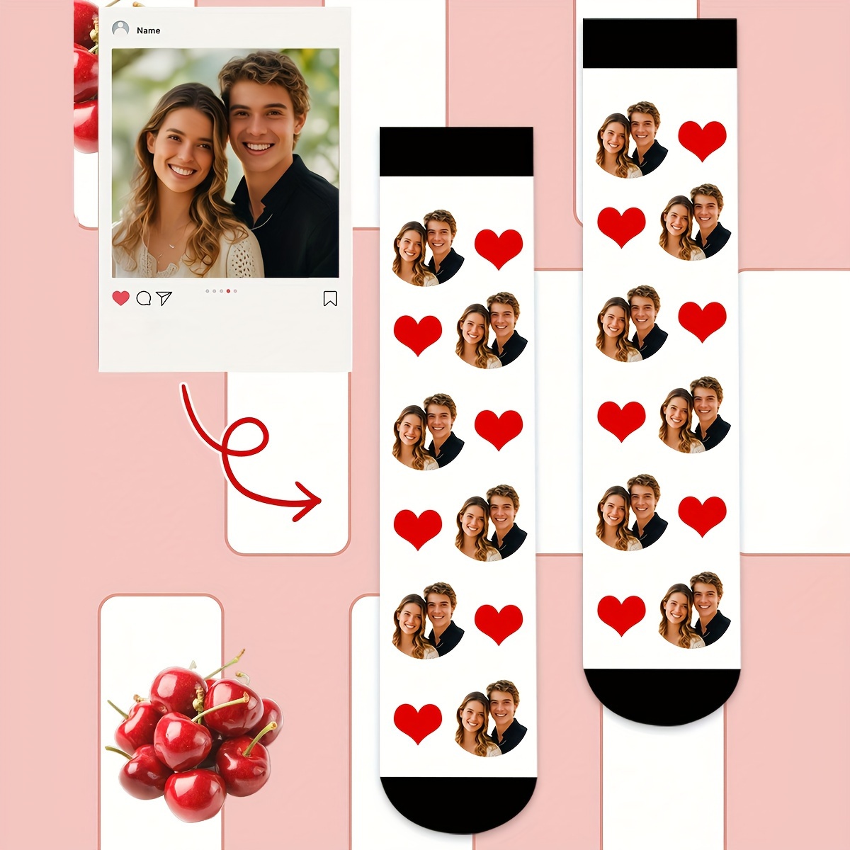 

A Pair Of Personalized Custom Men's Mid-calf Socks Featuring Photos Of Men And , Fun Custom Image Couple Socks, Suitable For Valentine's Day, Birthday Gifts, And Other .