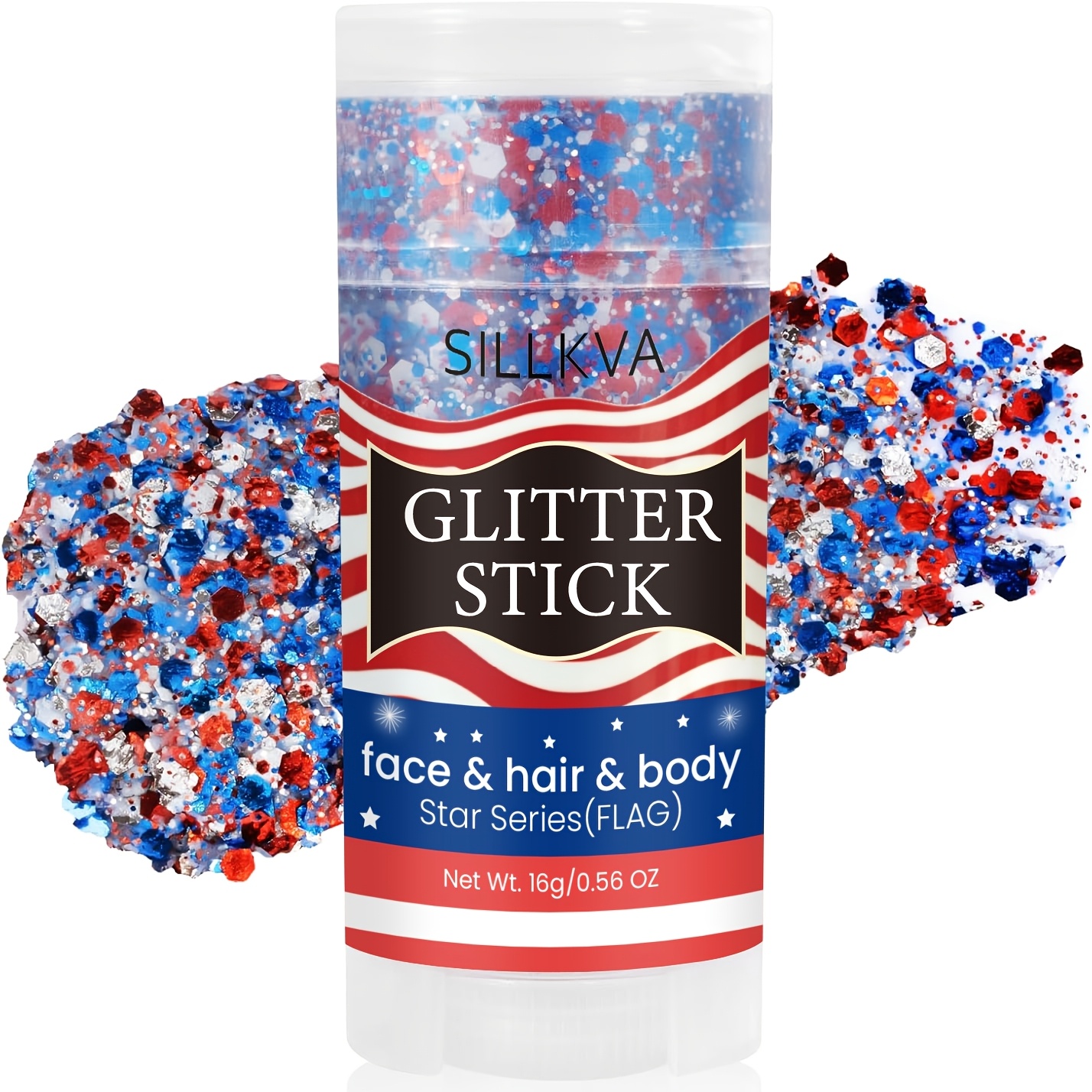 TEMU Sillkva Glitter Makeup Stick, Multi-use Glitter Gel For Face, Hair And Body. American Flag Themed Glitter Powder For Day, July 4th, Parties And