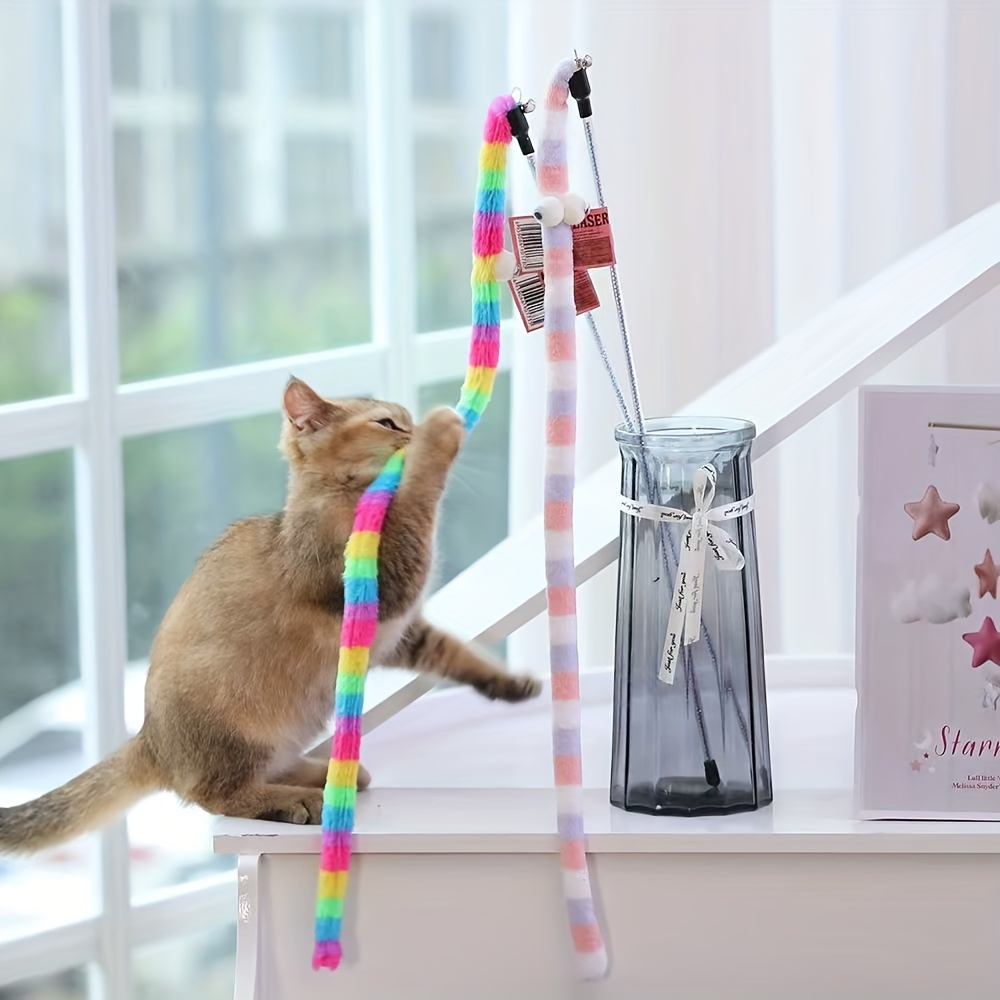 1pc 2pcs colorful striped plush cat toy sticks with eyes soft durable interactive play for kittens all breeds sizes no batteries needed interactive cat toy kitten   Product details 1