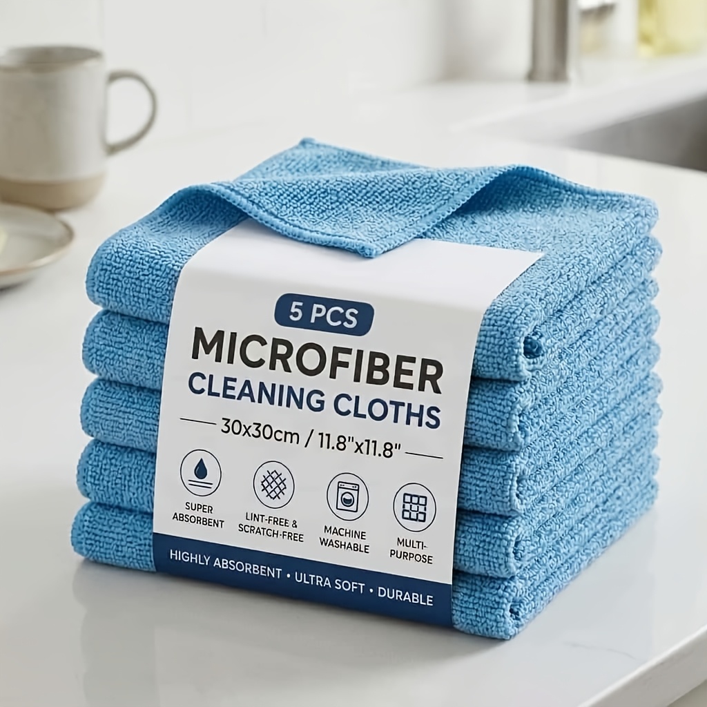 TEMU 5pcs Blue Microfiber Cleaning Cloths X 11.81in (30 X 30cm) 210gsm Premium Reusable Cleaning Towels Thick Soft Absorbent Multipurpose Cloths For