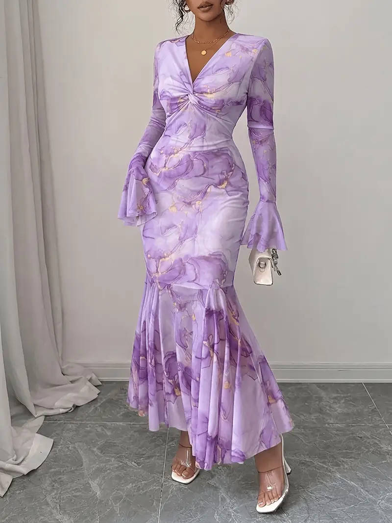 purple and gold tie dye dress Shoreline Purple Yellow Embroidered V Neck Tie Dye Palm Tree Dress One Size