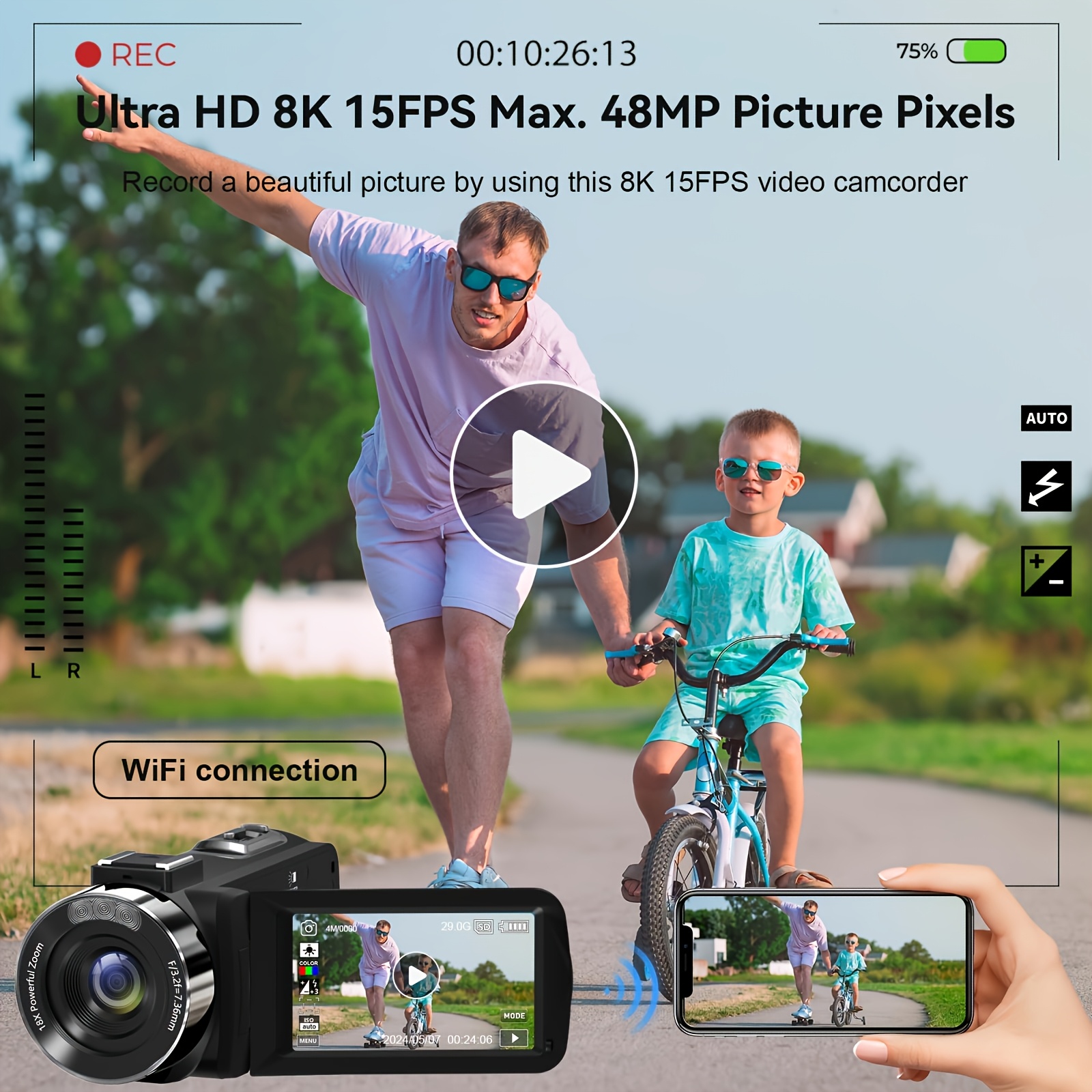 TUOGTCI 8K Camera Compatible for YouTube with 48MP/15FPS/7.62cm Touch Screen/18x Zoom/Night Vision/Fill Light/Microphone/Stabilizer/Remote Control & Battery - Vlogging Camera for Content Creation, Streaming, FPV (MP4 Recording)
