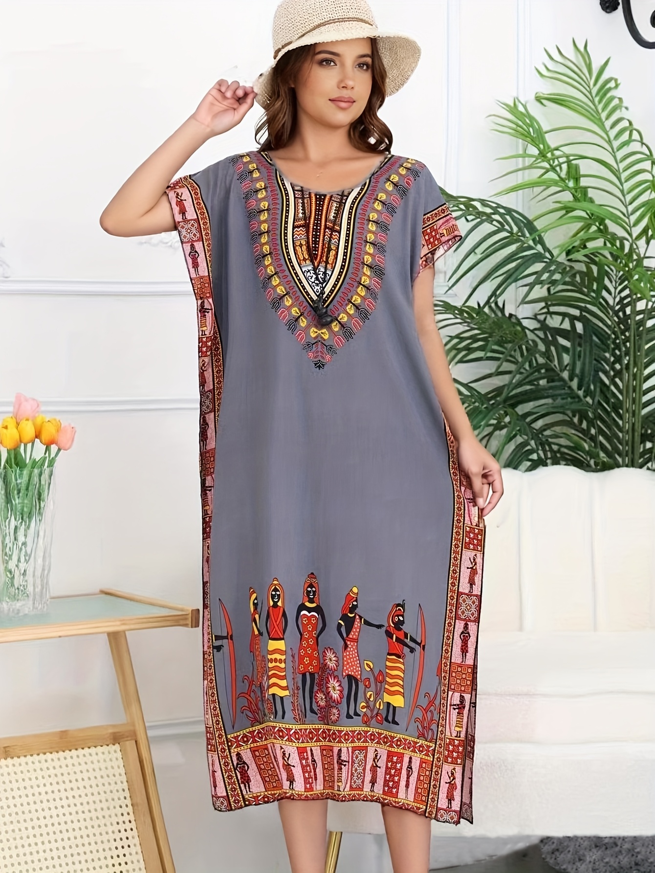 Women'S Bohemian Maxi Dress - Vibrant Tribal Print, Loose Fit, Short  Sleeve, Round Neck, Lightweight Polyester * Summer Vacations and Beach *  Beach Dress