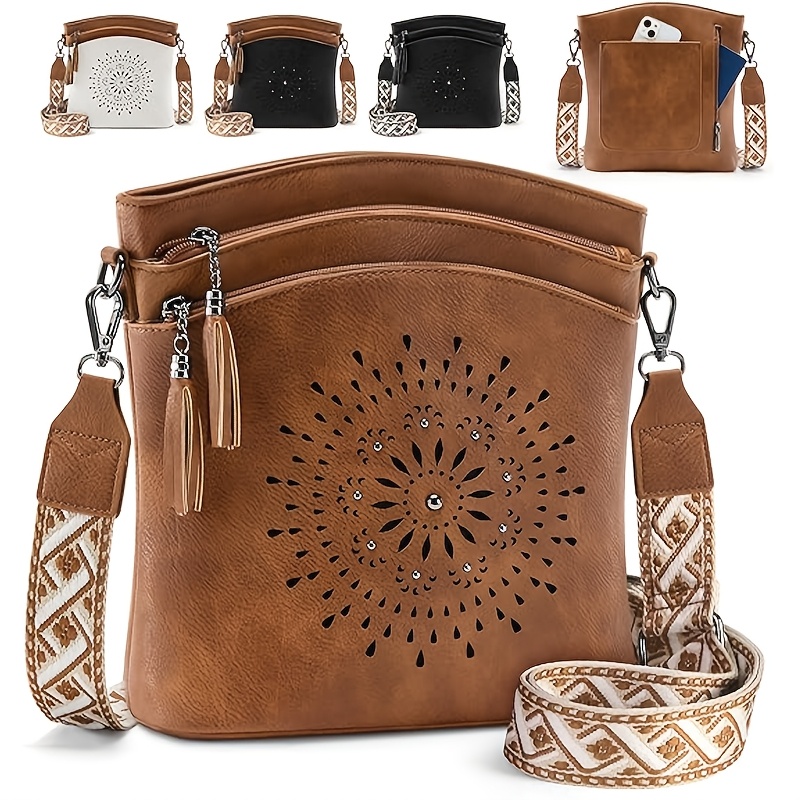 TEMU Women's Bohemian Hollow-out Tassel Bucket Bag, Ethnic Style Wide Shoulder Strap Crossbody Bag, Suitable For Travel/commuting, 3 Colors , Women's