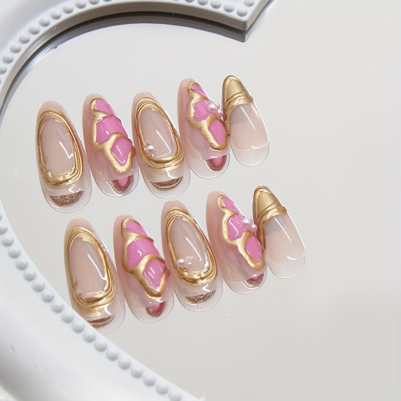 

24pcs Set Of -shaped Press-on Nails With Print & Design - Medium Length, Removable Fake Nails With Golden Accents For Women & Girls, Accessories|chic Nail Stickers|intricate Nail Design