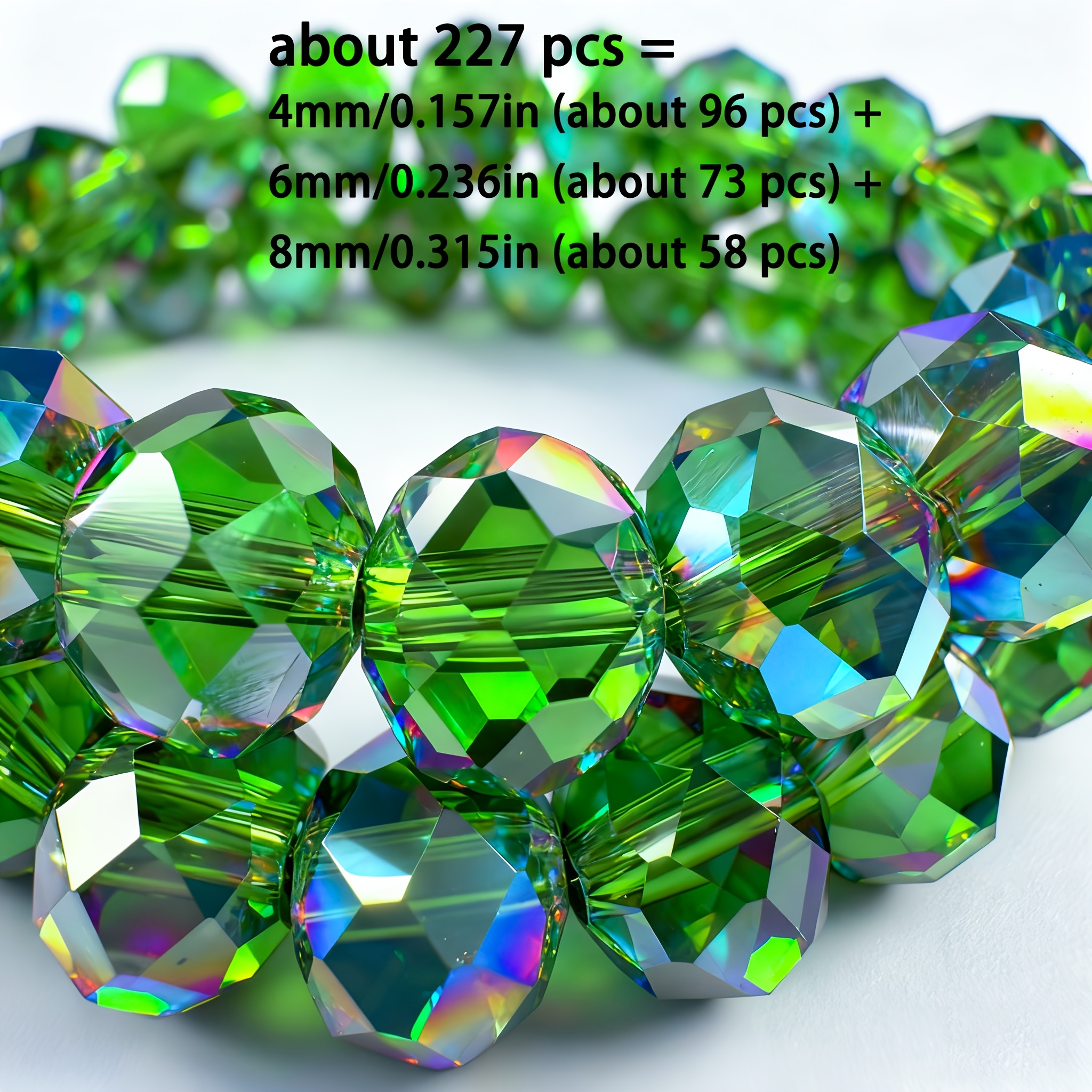 TEMU Approximately 227pcs Per Pack (8mm . 58pcs + 6mm . 73pcs + 4mm . 96pcs). Green Transparent Ab Multi- Beads. High-quality, Premium, , Luxurious,