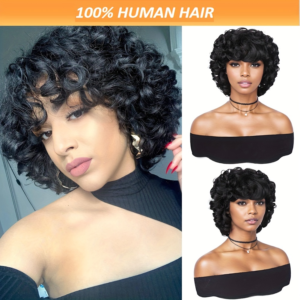 Bouncy Curly Human Hair Wig With Bangs Big Curly Wig For African American Glueless Wig None Lace Wig Bob Wigs For Women Short Curly Afro Wigs Natural Color